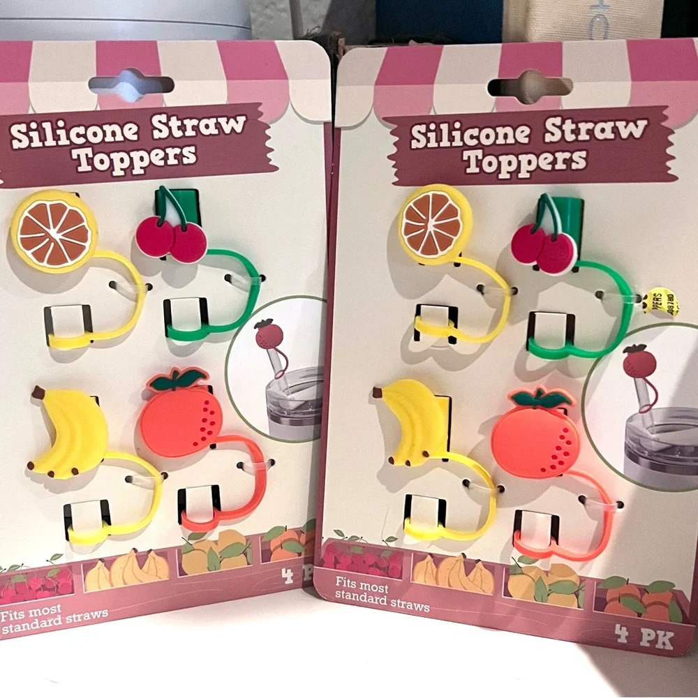 STRAW TOPPERS Fruit Designed Silicone Set of 8 Toppers NWT